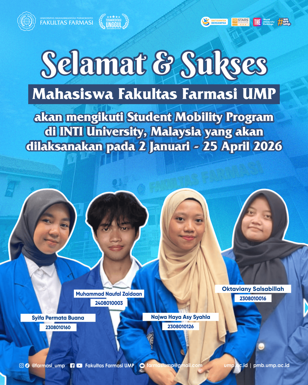 Mahasiswa Fakultas Farmasi UMP Lolos Program Student Mobility di INTI University, Malaysia